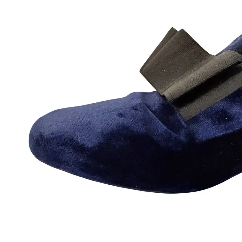 Joie Jean Navy Blue Velvet Leather Mules w/ Bow Flat Slides Glam Coquette